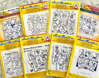 UNCUT, many unopened Aunt Martha's hot iron embroidery transfers, days of the week animals, dolls, hillbillies, more! Selling separately.