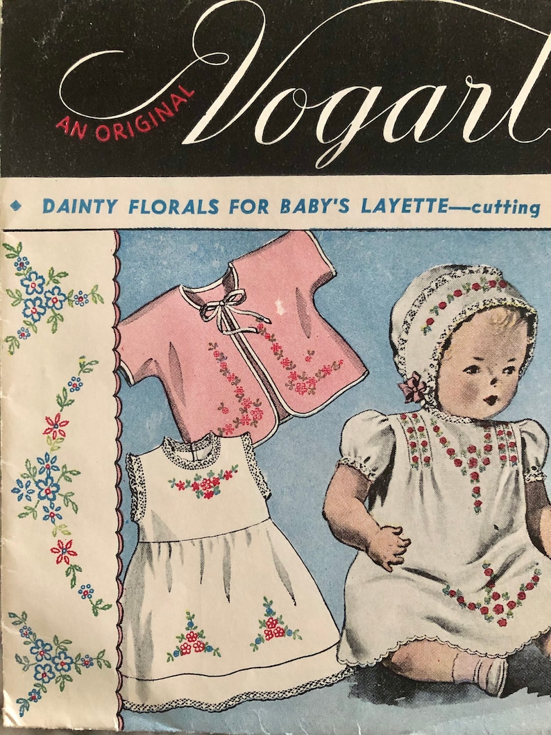 UNCUTunused vintage 1940/'s or 50/'s Vogart 143 hot iron transfer patterns; dainty florals for baby/'s layette too! dress /& cap pattern