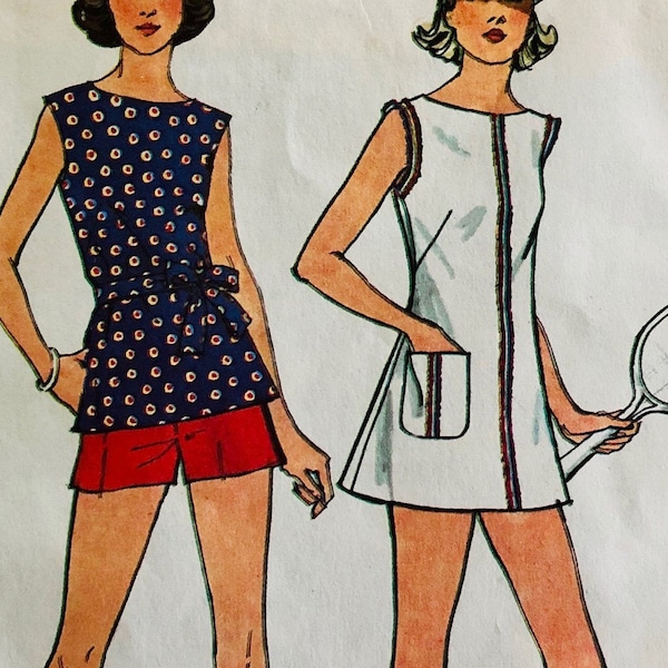 Complete 1974 Simplicity 6398 women's Jiffy sew sleeveless tennis dress, top with tie and pull-on shorts, size 14, bust 36", waist 28"