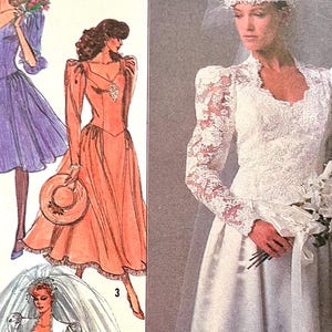 May include: A vintage sewing pattern featuring three different dress designs. The first dress is a white lace wedding gown with long sleeves and a sweetheart neckline. The second dress is a peach-coloured dress with long sleeves and a sweetheart neckline. The third dress is a purple dress with short sleeves and a sweetheart neckline.