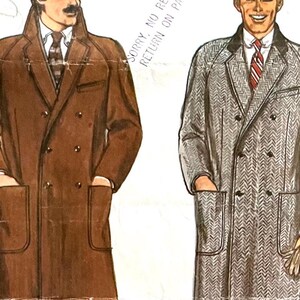 May include: Two double-breasted overcoats, one brown and one gray with a herringbone pattern. Both coats have large patch pockets.