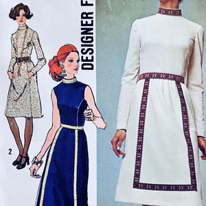 UNCUT 1971 Simplicity 9606 misses&#39; designer fashion dress in two lengths with stand-up collar, sleeve variations; size 16, bust 38&quot;.