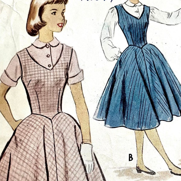 Vintage 1952 McCall's 9022 teen size 14 fit and flare jumper with shaped waistline and blouse with Peter Pan collar; bust 32", waist 26".