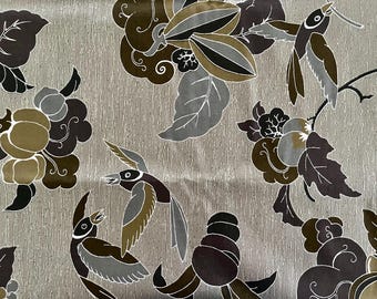46" wide x 3 yards 3" long screen-printed cotton fabric, Dutch Java Print in taupes, grays, olive, white, brown, dk. plum, excellent shape.
