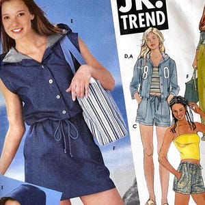 May include: A sleeveless denim dress with a drawstring waist and a hooded collar. The dress has white buttons down the front and is paired with a striped tote bag. A fashion illustration shows denim shorts, a jacket, and other clothing.