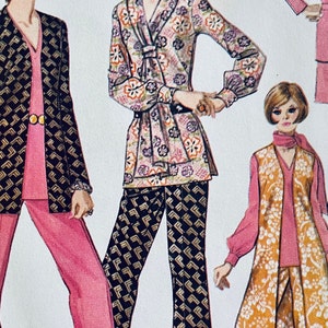 UNCUT 1970 McCall&#39;s 2477 misses&#39; coordinates in petite sizes; lined jacket & long vest, blouse, pants, slim skirt; size 20 petite, bust 43&quot;