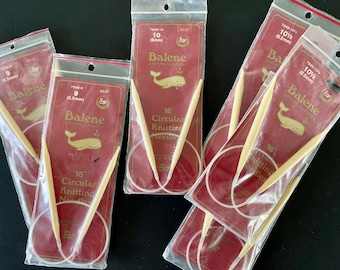1985 Baylene circular knitting needles in 3 different sizes, by Boye, lifetime guarantee, quiet knitting needles, all 16" length.