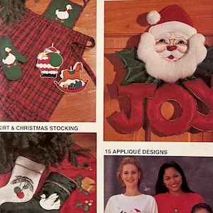 May include: A set of 15 Christmas applique designs featuring a Santa Claus head, a rocking horse, a Christmas stocking, a tree skirt, and the word "JOY".