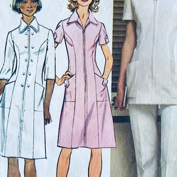 UNCUT 1972 Simplicity 5268 misses' zip-front uniform dress and tunic and pants, perfect for medical professionals; sizes 14 or 14 petite.