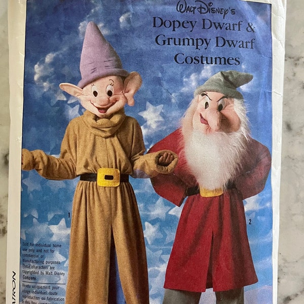 Completo, en su mayoría sin cortes, 1986 Simplicity 7736 adultos Patrón de disfraz de Disney's Dopey Dwarf y Grumpy Dwarf; adulto talla L, pecho 40"-42".