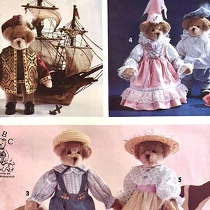 May include: A collection of teddy bears dressed in various outfits. One bear wears a pirate-style coat and hat, another a pink dress, and others in sailor and farm-themed attire. A toy ship is in the background.
