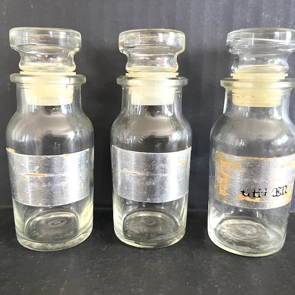 Set of 3 vintage spice bottles with plastic gaskets on glass stoppers, made for John Wagner & Sons, produced in Japan, excellent condition.