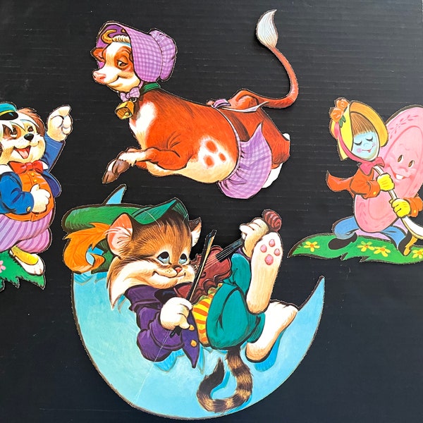 Set of 4 vintage 1960's heavy-weight paper cut-outs of nursery rhyme characters, all in terrific condition.
