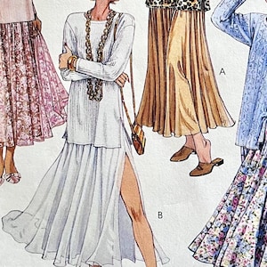 UNCUT 1993 McCall&#39;s 6324 misses&#39; easy sew pullover top with gathered full midi or maxi skirt, optional slit; sizes 12-22, busts 34&quot;-44&quot;.