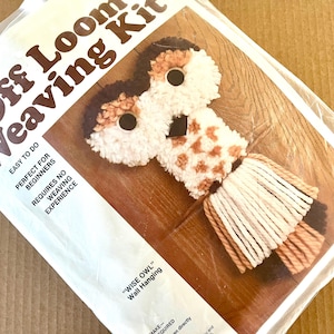 Puede incluir: Un kit de tejido Bucilla Off Loom, con un diseño de tapiz de pared "Wise Owl". El kit incluye materiales para crear un búho marrón, blanco y beige con un fondo con flecos. El embalaje indica que es fácil para principiantes.