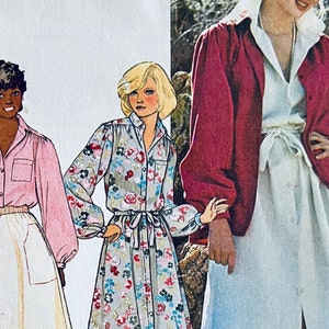 May include: Image of vintage fashion illustrations featuring three different outfits. One model wears a pink button-down shirt and a white skirt. Another model is in a floral print dress. The third model is wearing a red jacket over a white dress.