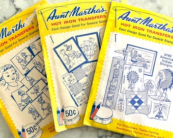 UNCUT vintage Aunt Martha's hot iron transfers, each in unused condition; nursery rhymes, teddy bears family, American Indian designs.