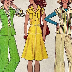 May include: Three women's fashion illustrations featuring different outfits. The first woman is wearing a green pantsuit with a floral print blouse. The second woman is wearing a yellow skirt and a short-sleeved button-up shirt. The third woman is wearing a striped vest with a blue long-sleeved shirt and beige pants.