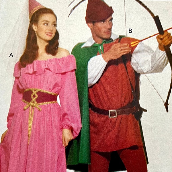 UNCUT 1991 Butterick 5749 men's and misses' Robin Hood and Maid Marian costume pattern; sizes L-XL, busts 38"-44",  chests 42"-48"