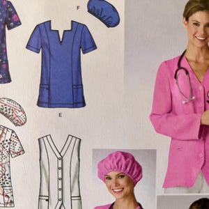 May include: Image of a pattern for medical scrubs and a pink blazer. The scrubs are in various colors and patterns, including blue with floral designs and a white and red geometric print. The blazer is a bright pink color.