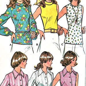 May include: Vintage sewing pattern featuring illustrations of women's tops. Designs include a long-sleeved floral print blouse with a tie waist, a yellow sleeveless top with a belt, and a sleeveless floral print top.