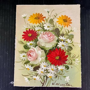 Original signed oil painting on canvas board featuring roses, daisies and other florals in red, pink, gold, white and green; 10&quot; x 8&quot;.