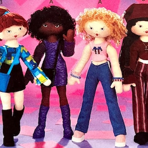 May include: Four fabric dolls with yarn hair and embroidered facial features. The first has red hair, a blue patterned top, black skirt, and boots. The second has black hair and a purple dress. The third has blonde hair, a pink top, and blue jeans. The fourth has black hair, a brown top, and striped pants.