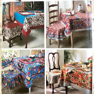 May include: A four-part collage showing various dining sets with patterned tablecloths and matching chair covers. The designs include floral, fruit, and geometric prints in vibrant colors like red, blue, and green, featuring ruffled edges and lace trim.