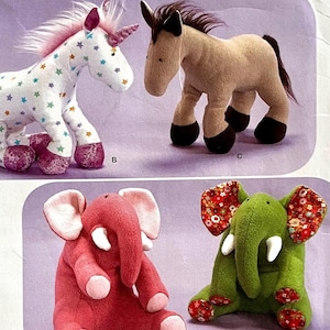 May include: A collection of handmade plush toys, including a unicorn with a pink mane and star pattern, a tan horse, a red elephant, and a green elephant with floral patterned ears. These soft toys are designed for children.
