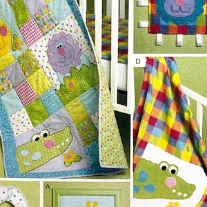 May include: A colorful baby quilt with patchwork squares and animal appliqués. The quilt features a giraffe, lion, and alligator. The quilt is trimmed with a blue border and has a polka dot backing. The image also shows a crib with a matching blanket.