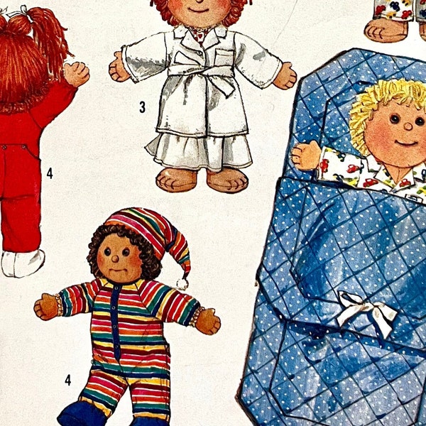 UNCUT 1985 Simplicity 6968 doll wardrobe pattern for 16" and 18" soft sculptured dolls, Flower Kids, Cabbage Patch Kids; robe, pjs, more!