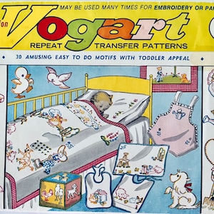 Vogart 705 vintage hot iron transfer pattern for baby and children; farm animals, farm boy and girl, scarecrow, windmill. One motif missing.