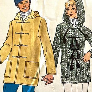 May include: Illustration of two hooded coats. One is yellow with dark toggles and pockets, the other is green with a pattern and black toggles. Both coats have hoods and are buttoned up. The illustration is a vintage style.