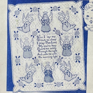 UNCUT vintage Aunt Martha&#39;s 3693 hot iron transfer for embroidering Little Angels, and angels baby bed quilt with bedtime prayer.
