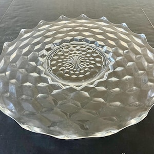 Extra-large Fostoria American 19&quot; pressed glass serving platter/torte plate with curved up points on outside edge, excellent condition.