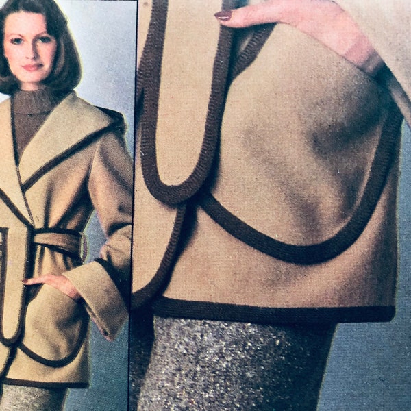 UNCUT 1977 Simplicity 8150 misses' extra-sure front-wrap jacket with hood, pockets and tie belt; sizes 10-12-14, busts 32.5"-34"-36".