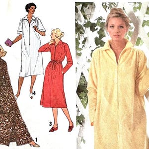 May include: A sewing pattern envelope featuring illustrations of three different robe styles: a long animal print robe, a white short-sleeved robe, and a red long-sleeved robe, alongside a photograph of a person wearing a yellow zip-front robe.