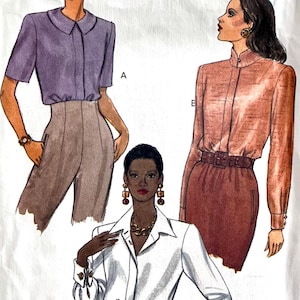 Patrón de blusas para mujer Vogue 8515 de 1992, sin cortar, con variaciones de cuello y mangas, tapeta de botones oculta; tallas 14-16-18, busto de 36"-40".