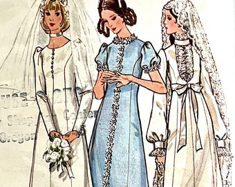 ZELDZAAM! Complete jaren 70 Butterick 6181 miss' bruids- of bruidsmeisjesjurken, prinsessennaden, mouw- en halslijnopties; maat 16, buste 38".
