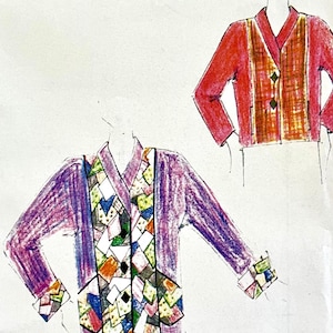 May include: A fashion sketch featuring two long-sleeved jackets. One is a vibrant red with a brown patterned front and black diamond-shaped buttons. The other is a purple jacket with a colorful geometric pattern on the lapel and cuffs.