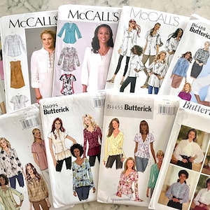 Op de afbeelding: Een verzameling naaipatronen voor tops, met verschillende stijlen en ontwerpen. De patronen zijn van de merken McCall's en Butterick, met de nummers B6488, B6095, B4455, 86378 en 692.