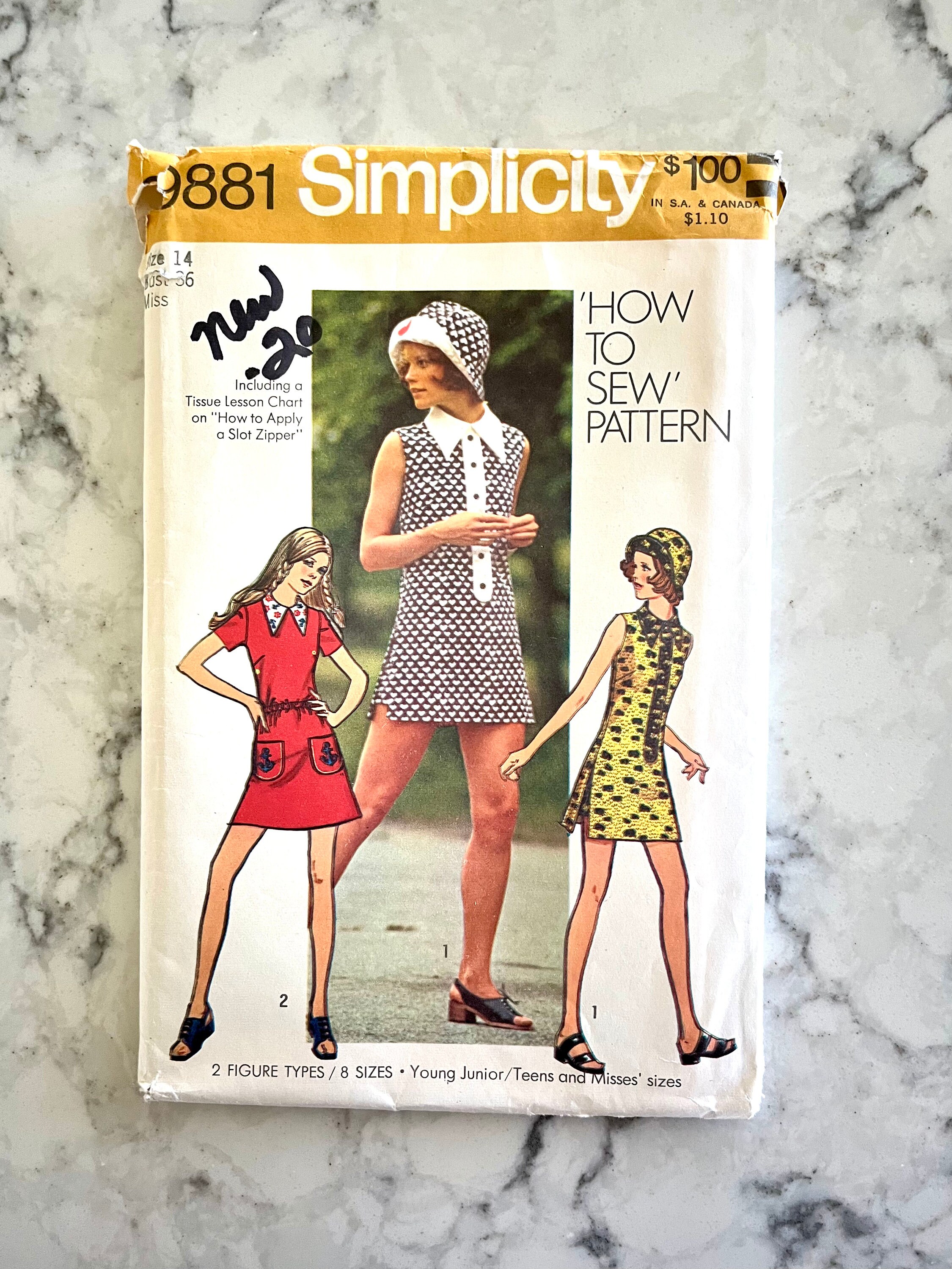 UNCUT 1972 Simplicity 9881 Misses' Mini Dress With Sleeve