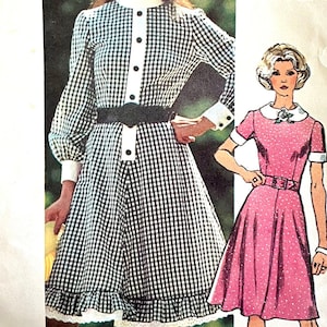 Vintageklänning från 1971, Simplicity 9849, med utsvängd kjol, variationer i krage och ärmar, volangkant som valfri; storlekar 14 eller 18,5.