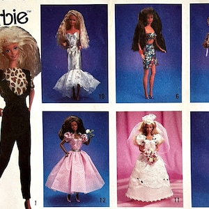 May include: A vintage Barbie doll fashion pattern sheet showing several doll outfits. The outfits include a black jumpsuit with a leopard print top, a silver mermaid gown, a floral two-piece set, a striped jacket with white trousers, and a wedding dress.