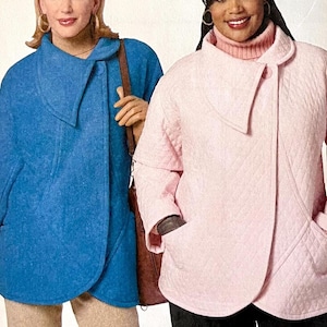 May include: Two women modelling jackets. One is a bright blue, the other a soft pink. Both jackets feature a distinctive collar and are buttoned. The pink jacket has a quilted pattern.