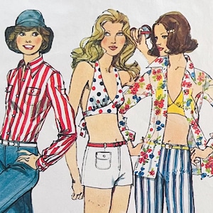 May include: A vintage fashion illustration featuring three figures. The first wears a red and white striped long-sleeve shirt, blue jeans, and a blue hat. The second wears a white halter top with red and blue polka dots and white shorts. The third wears a floral print shirt over a yellow top with blue and white striped pants.