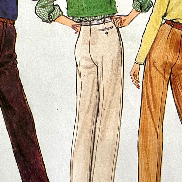 UNCUT 1980 Vogue 7784 misses' high-waist straight-leg trouser pants with back welt pocket, proportioned for lengths; size 14 waist, 28".