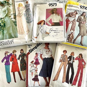 Bundle of 6 vintage patterns from the 70&#39;s and 80&#39;s for women sizes 8, bust 31.5&quot;; wedding gown, prairie dress, blouse, jacket, pants, skirt