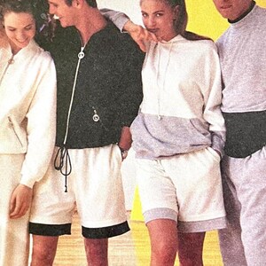 UNCUT 1992 McCall's 6181 Gitano-designed knit sportswear for men, women, teens; zip or pullover jacket, shorts, sweat pants; sizes 36, 38.