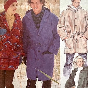 May include: Three different styles of jackets, one in a purple-blue colour, one in a beige colour, and one in a dark green colour. The jackets have a hooded design and are shown on models.